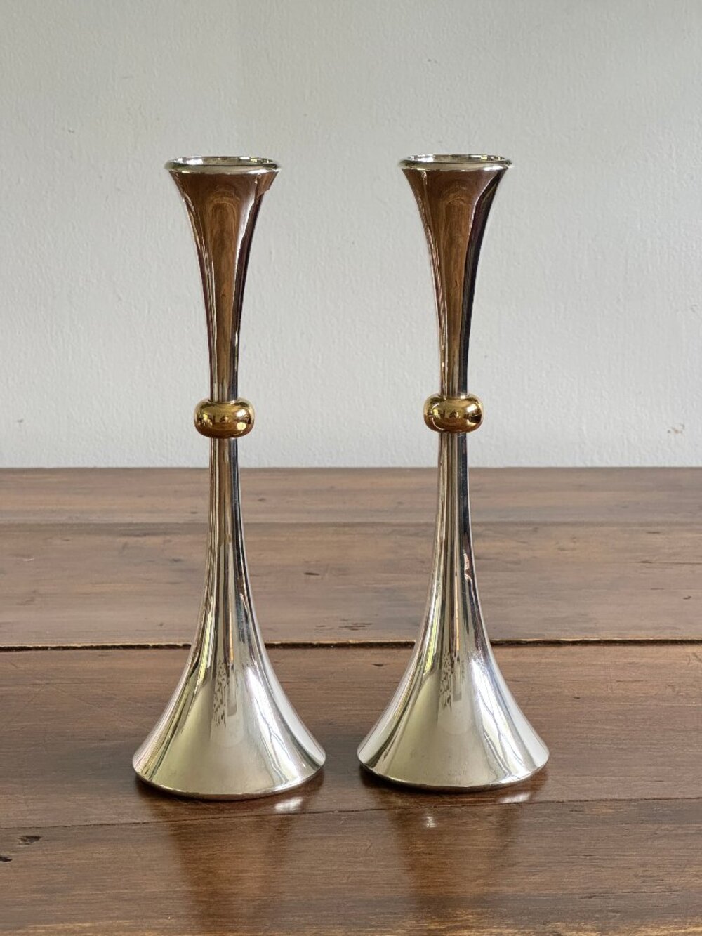 Pair of Vintage Dansk Silver-Plated and Brass Candlestick Holders